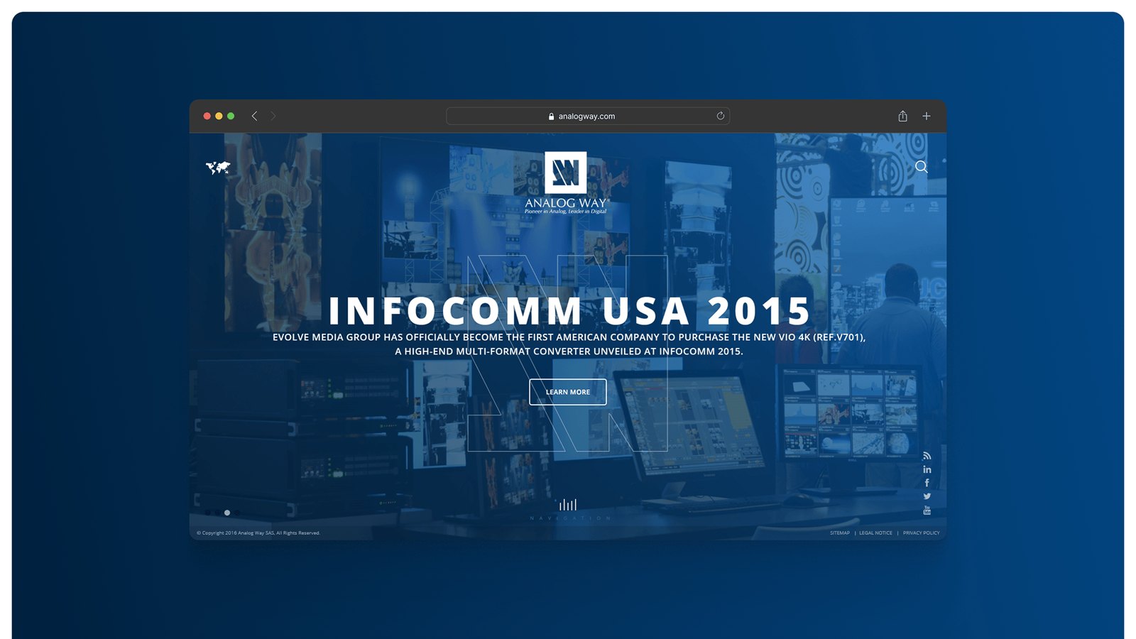 Page d’accueil du site Analog Way, actualité InfoComm 2015 et VIO 4K