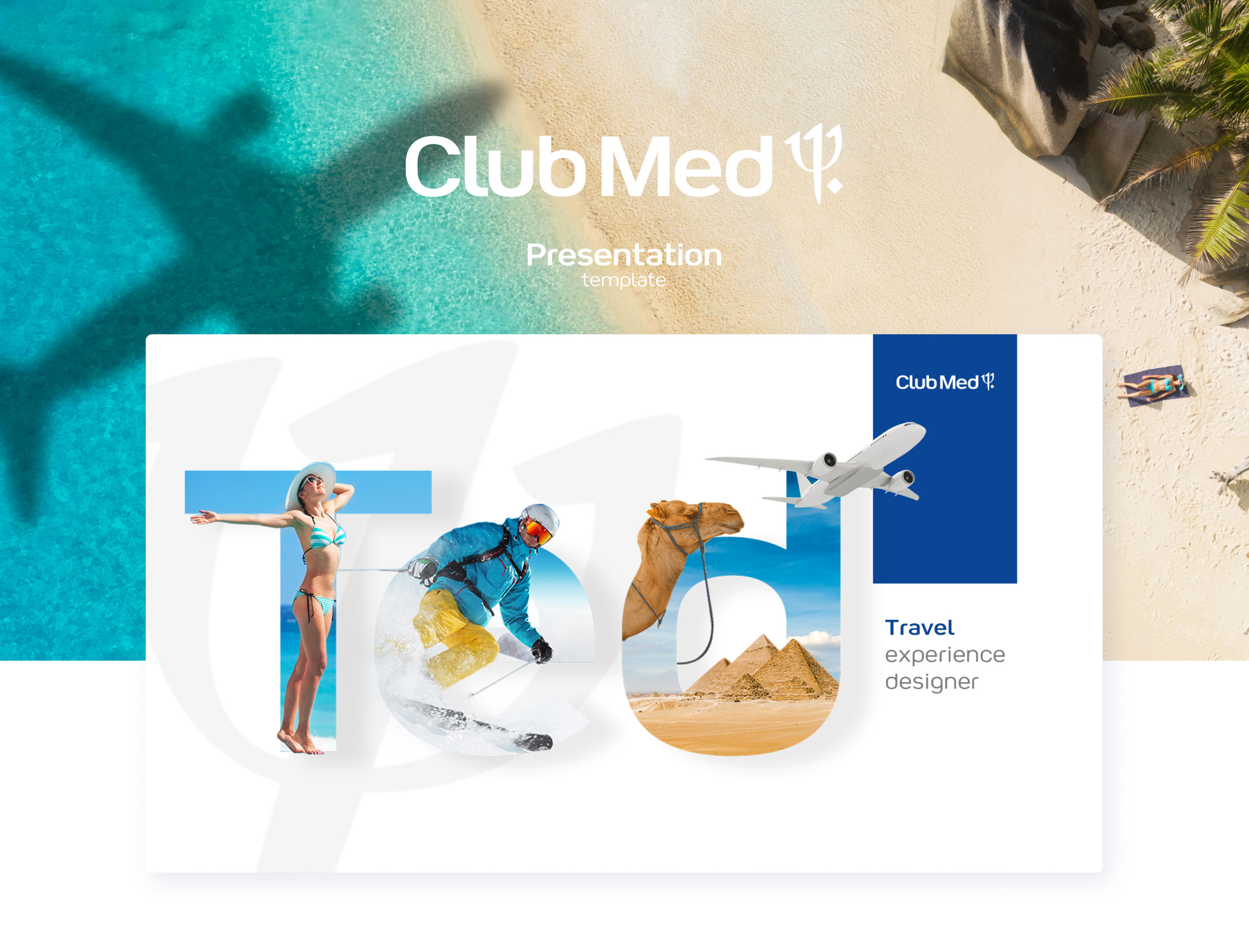 Couverture de la présentation Club Med : le chiffre 50 en collage de photos de voyage, sur une plage turquoise