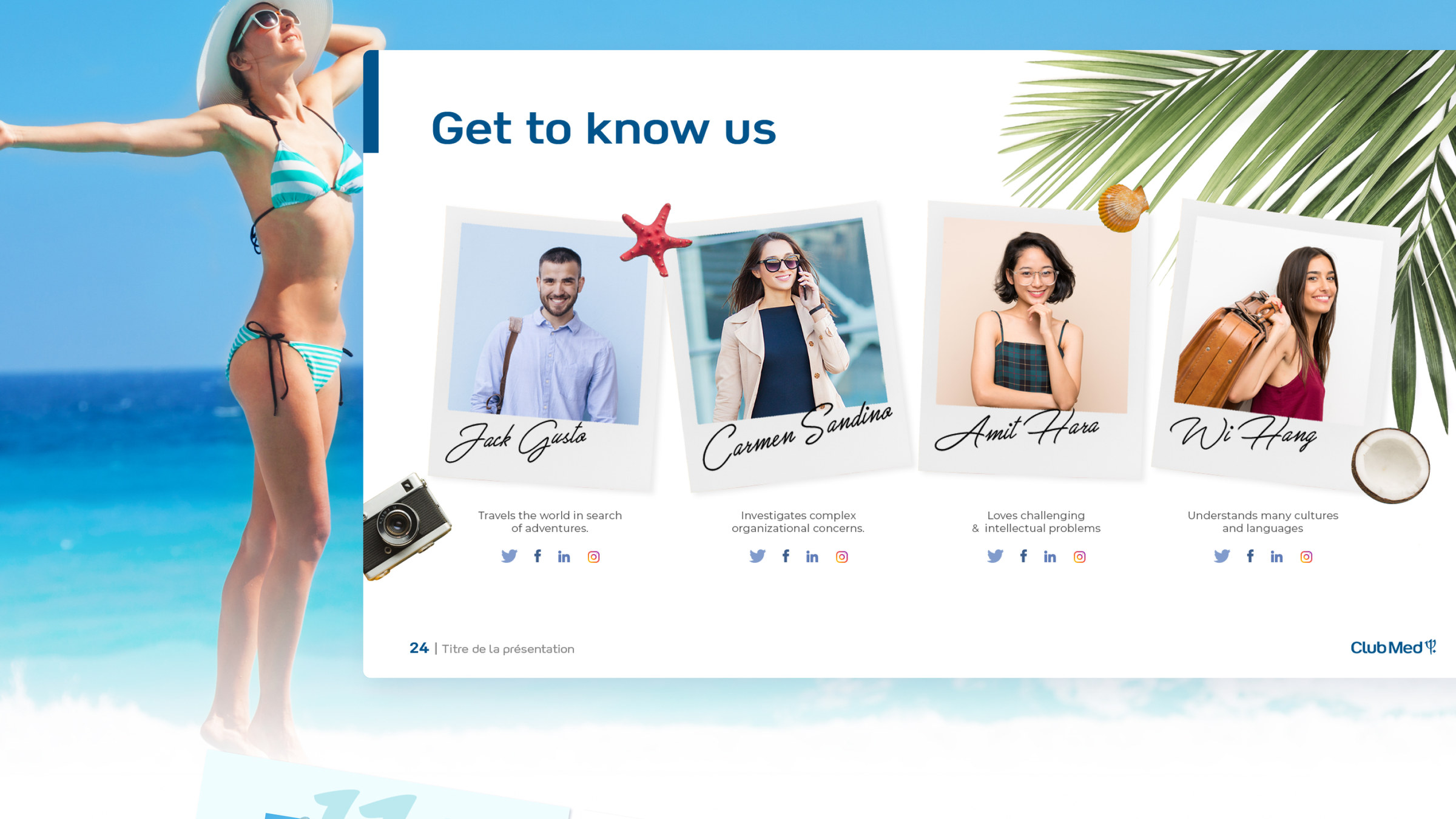 Page équipe du gabarit Club Med, portraits façon Polaroid sur fond de plage