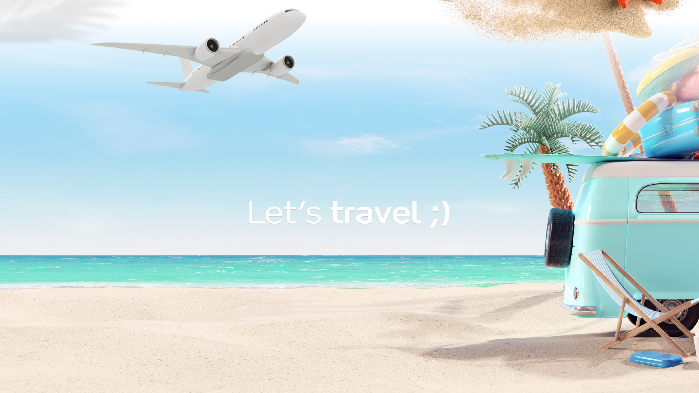 Visuel d’ouverture estival : van, palmier, avion et slogan Let’s travel