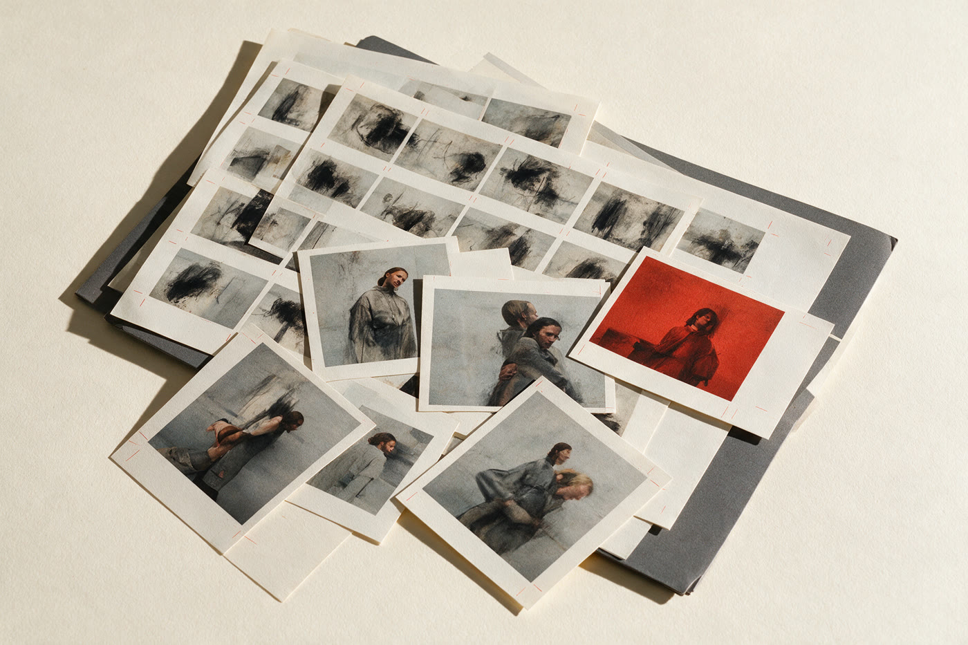Tirages photo, planches contact et repères de cadrage sur papier.
